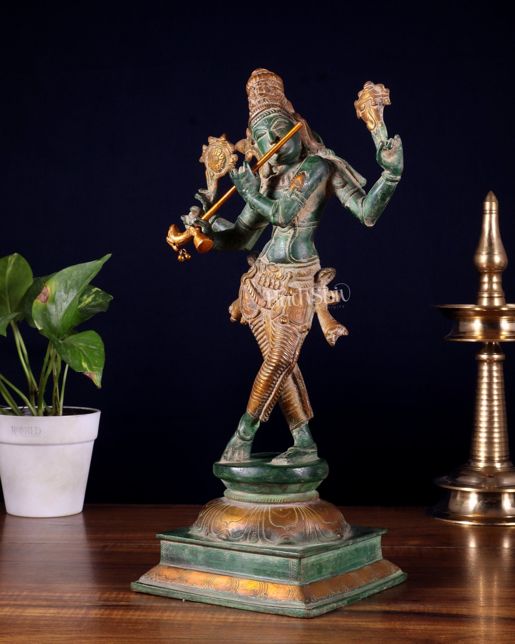 Vintage Brass Vishnu as Lord Krishna Statue - Green Sand Finish 14.5" - Budhshiv.com