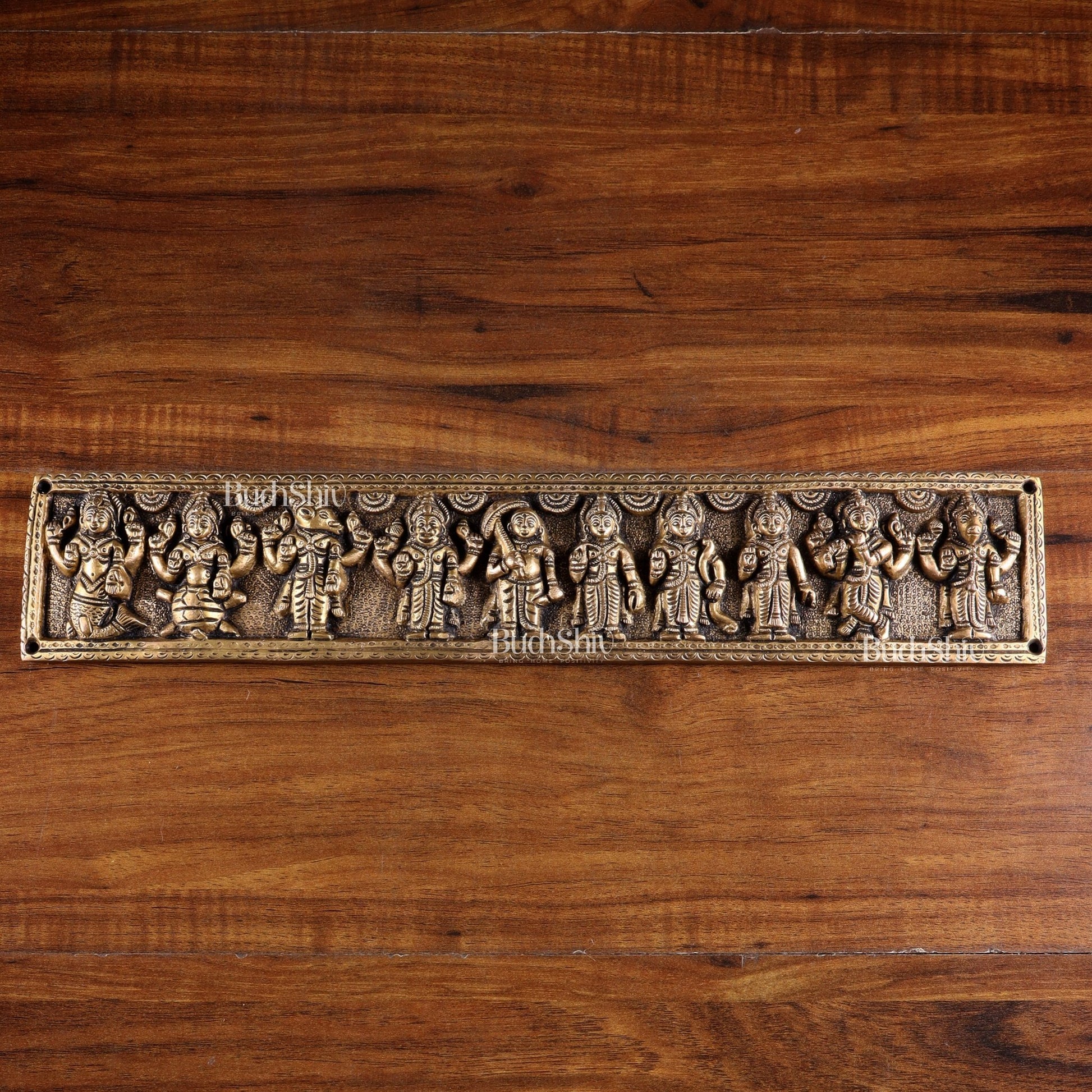Vintage Brass Vishnu Dashavatar Wall Panel 16 inch wide - Budhshiv.com
