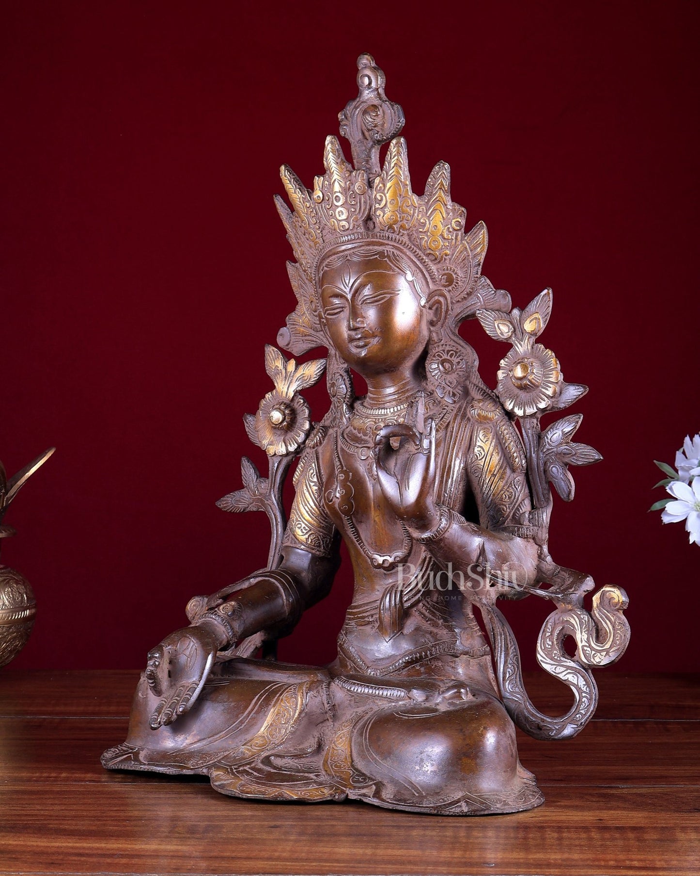 Vintage Brass White Tara Devi Statue – Dual Tone Buddhist Deity Sculpture 15 inch - Budhshiv.com