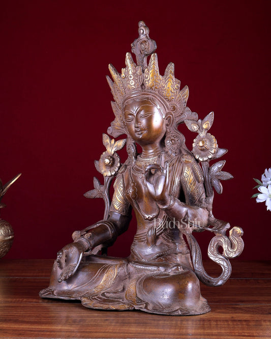 Vintage Brass White Tara Devi Statue – Dual Tone Buddhist Deity Sculpture 15 inch - Budhshiv.com