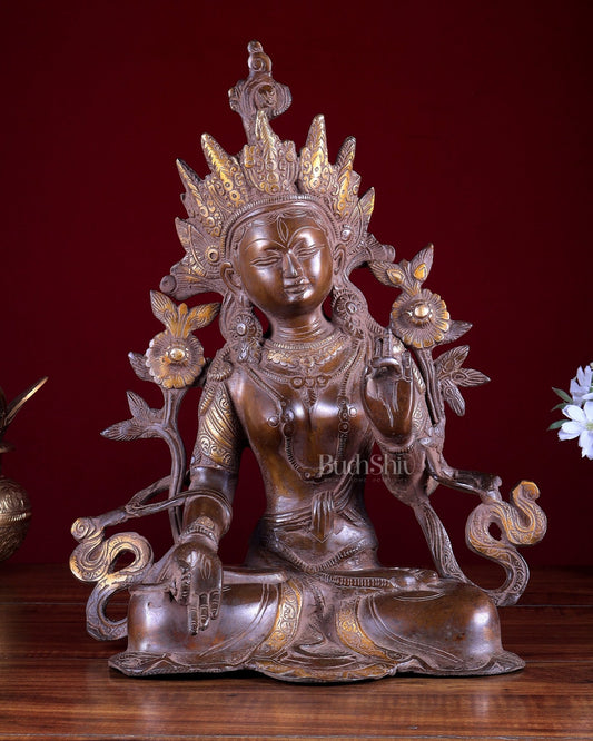 Vintage Brass White Tara Devi Statue – Dual Tone Buddhist Deity Sculpture 15 inch - Budhshiv.com