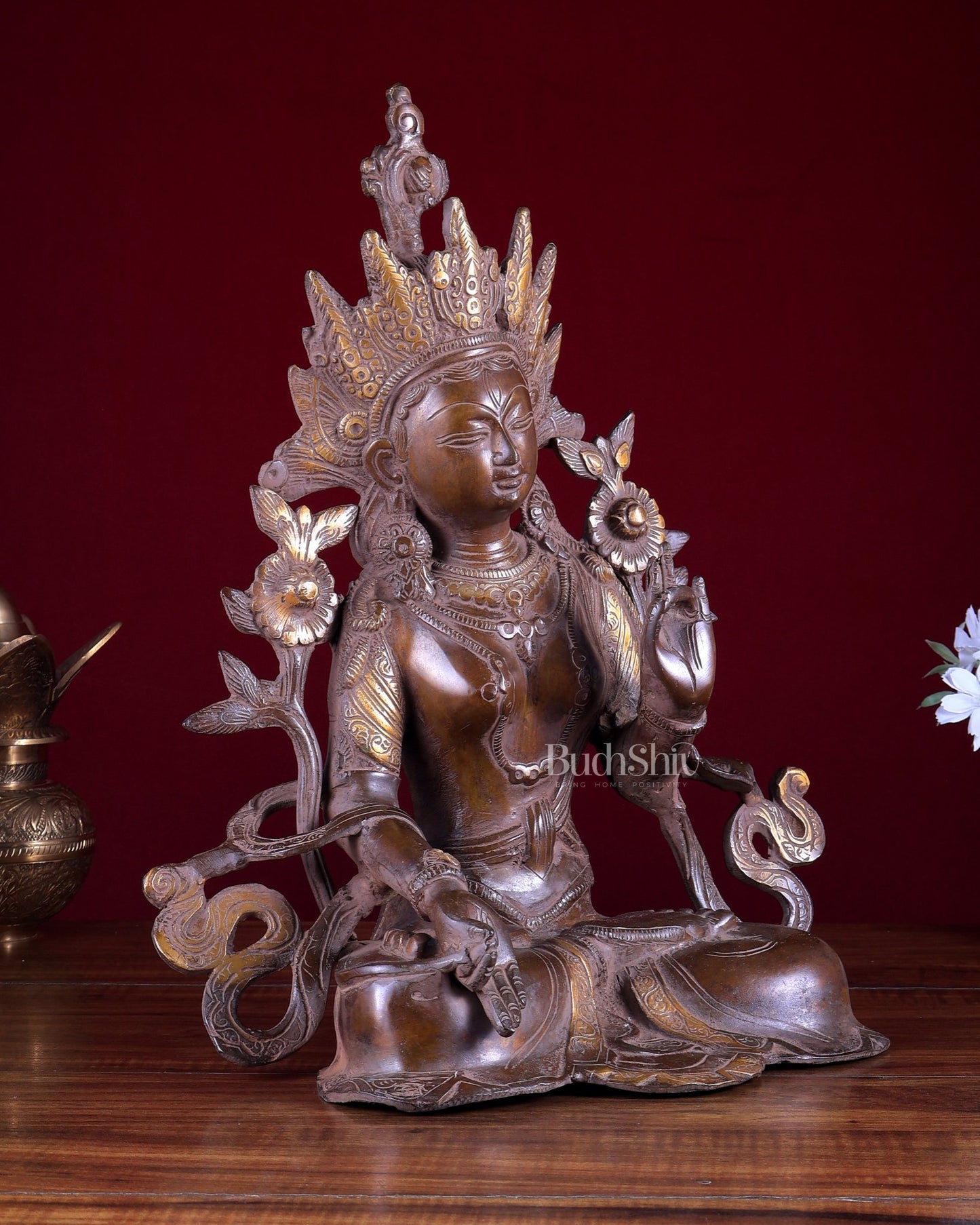 Vintage Brass White Tara Devi Statue – Dual Tone Buddhist Deity Sculpture 15 inch - Budhshiv.com