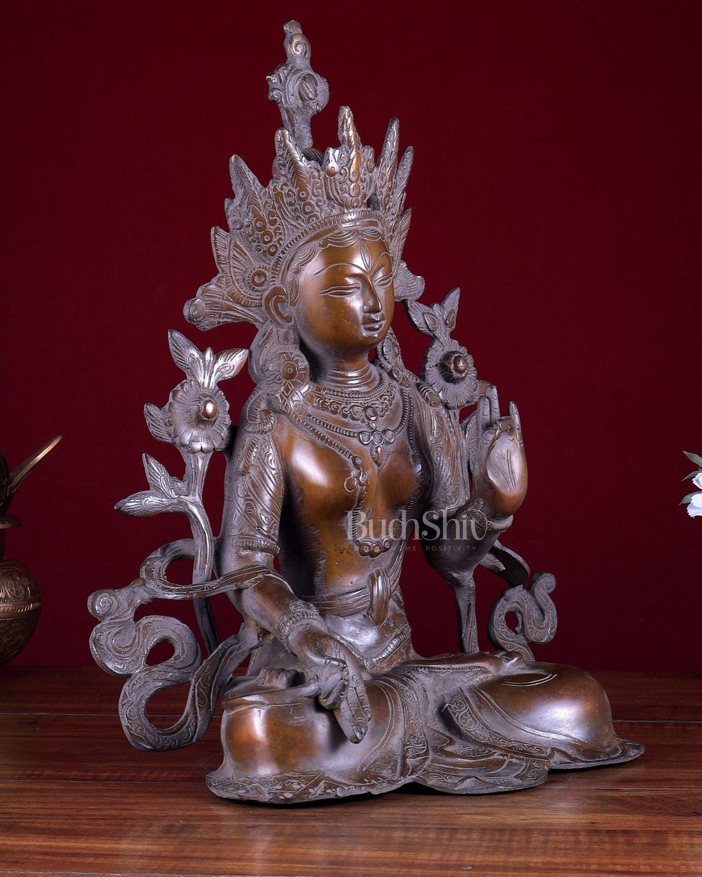 Vintage Brass White Tara Devi Statue – Rustic Tone Buddhist Deity Sculpture 15 inch - Budhshiv.com
