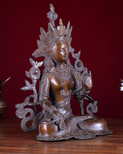 Vintage Brass White Tara Devi Statue – Rustic Tone Buddhist Deity Sculpture 15 inch - Budhshiv.com