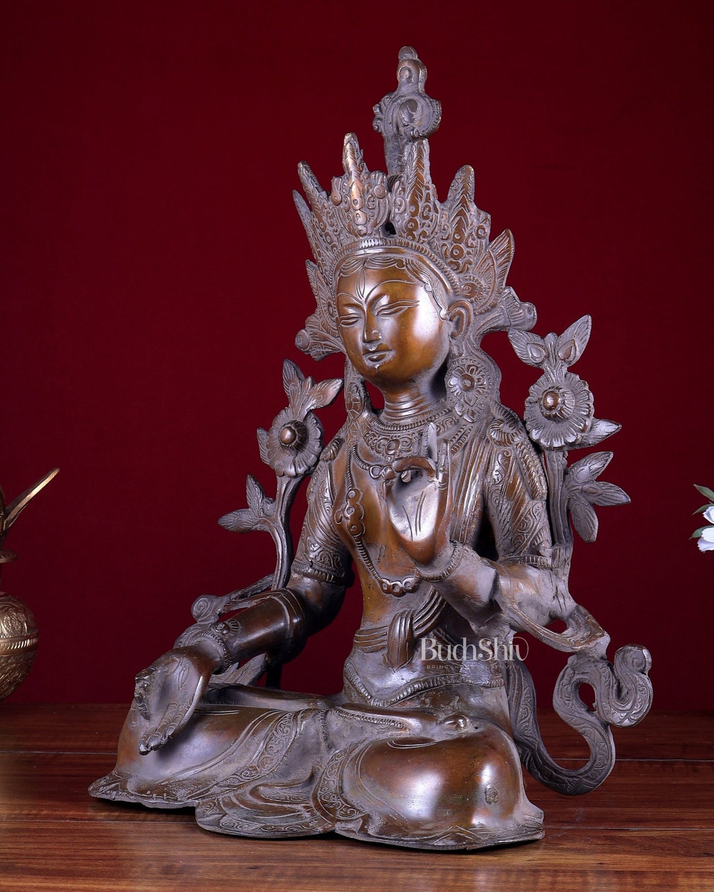 Vintage Brass White Tara Devi Statue – Rustic Tone Buddhist Deity Sculpture 15 inch - Budhshiv.com