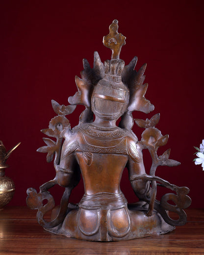 Vintage Brass White Tara Devi Statue – Rustic Tone Buddhist Deity Sculpture 15 inch - Budhshiv.com
