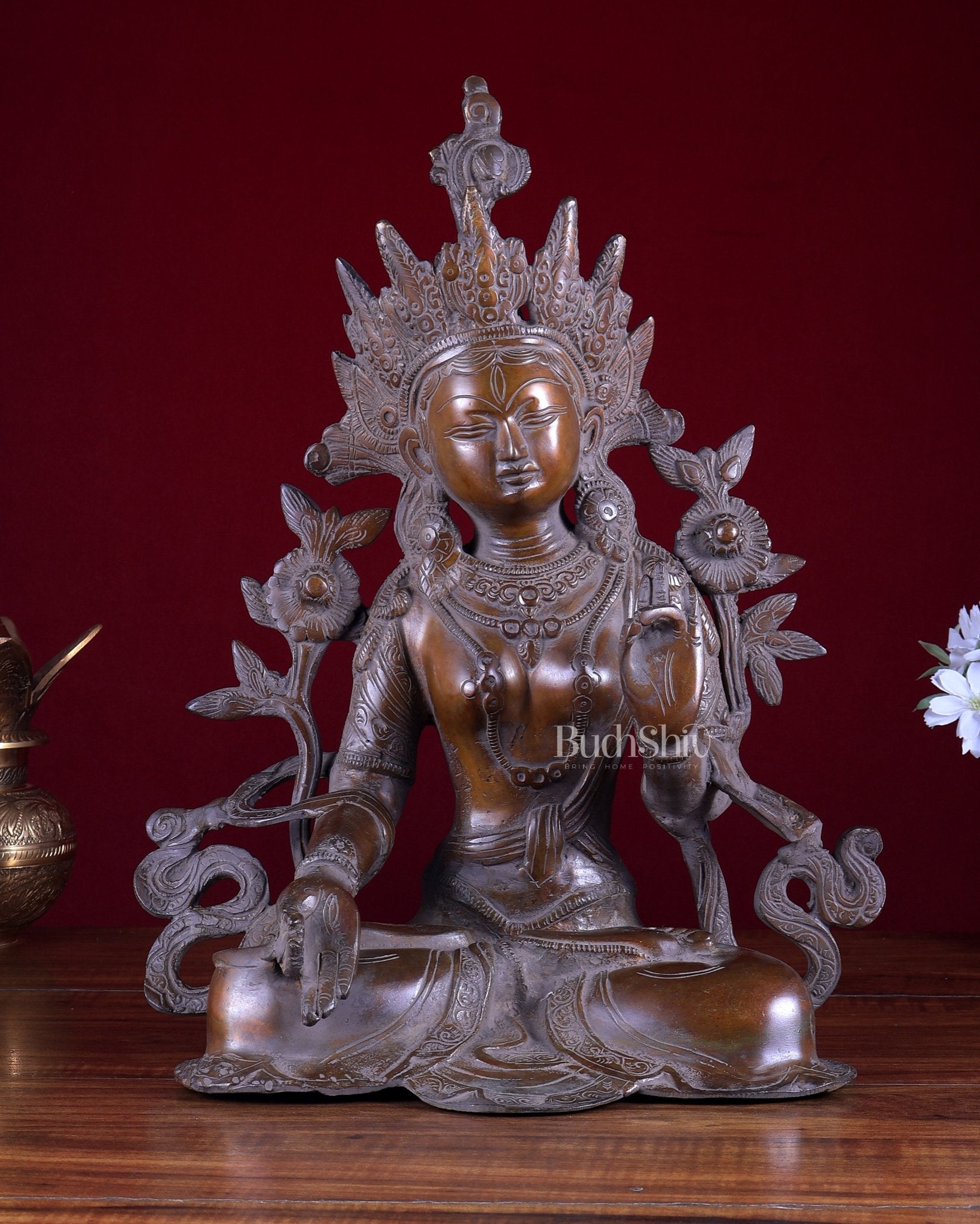 Vintage Brass White Tara Devi Statue – Rustic Tone Buddhist Deity Sculpture 15 inch - Budhshiv.com