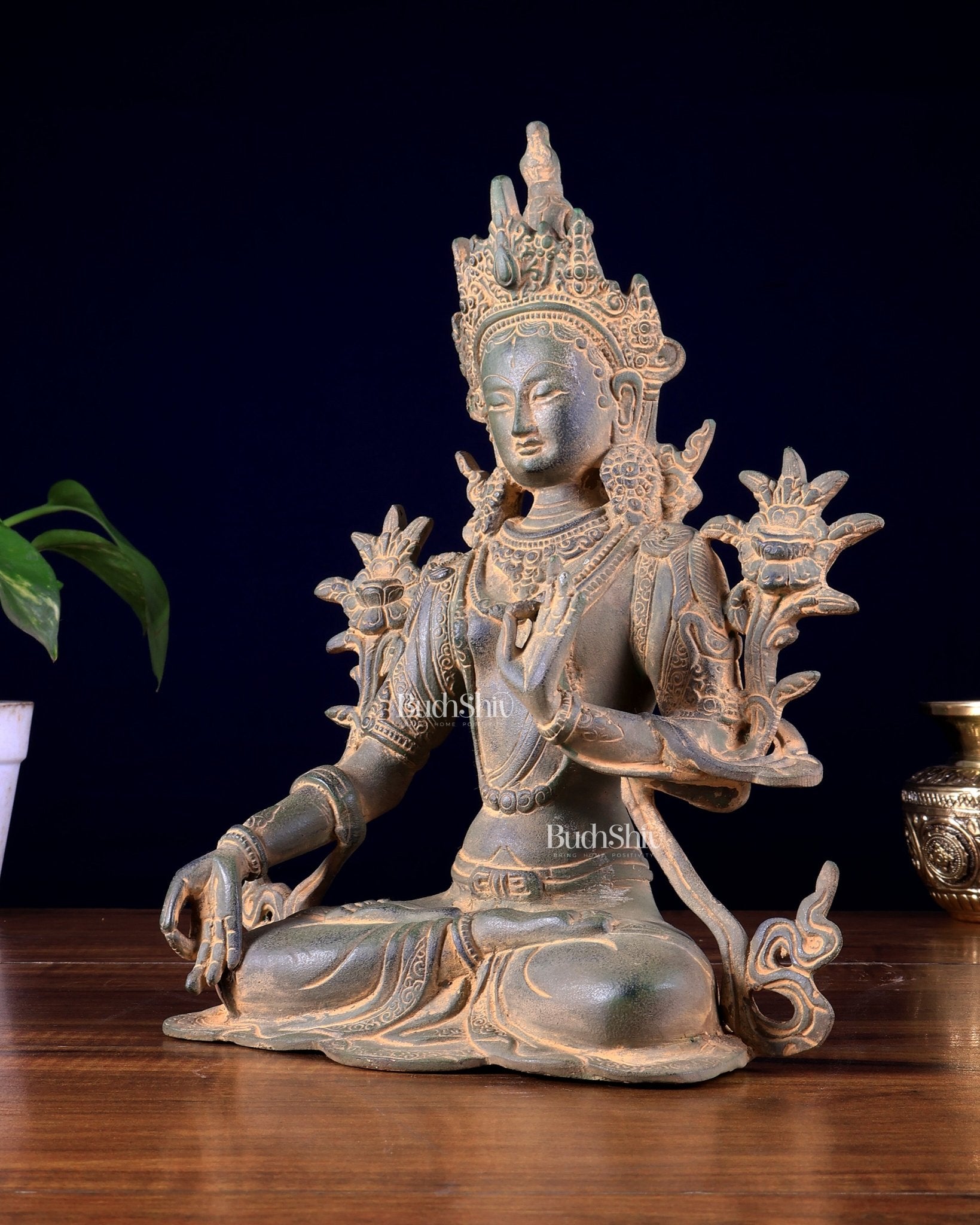 Vintage Brass White Tara Statue – Sandstone Finish 10 inch - Budhshiv.com
