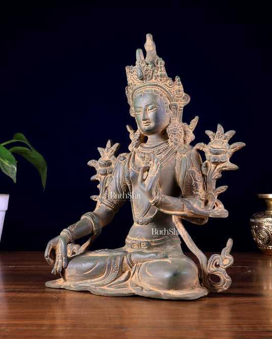 Vintage Brass White Tara Statue – Sandstone Finish 10 inch - Budhshiv.com