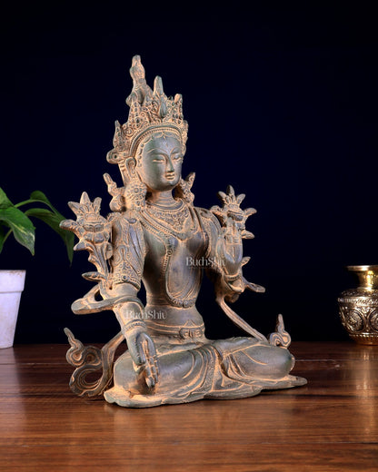 Vintage Brass White Tara Statue – Sandstone Finish 10 inch - Budhshiv.com