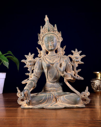 Vintage Brass White Tara Statue – Sandstone Finish 10 inch - Budhshiv.com