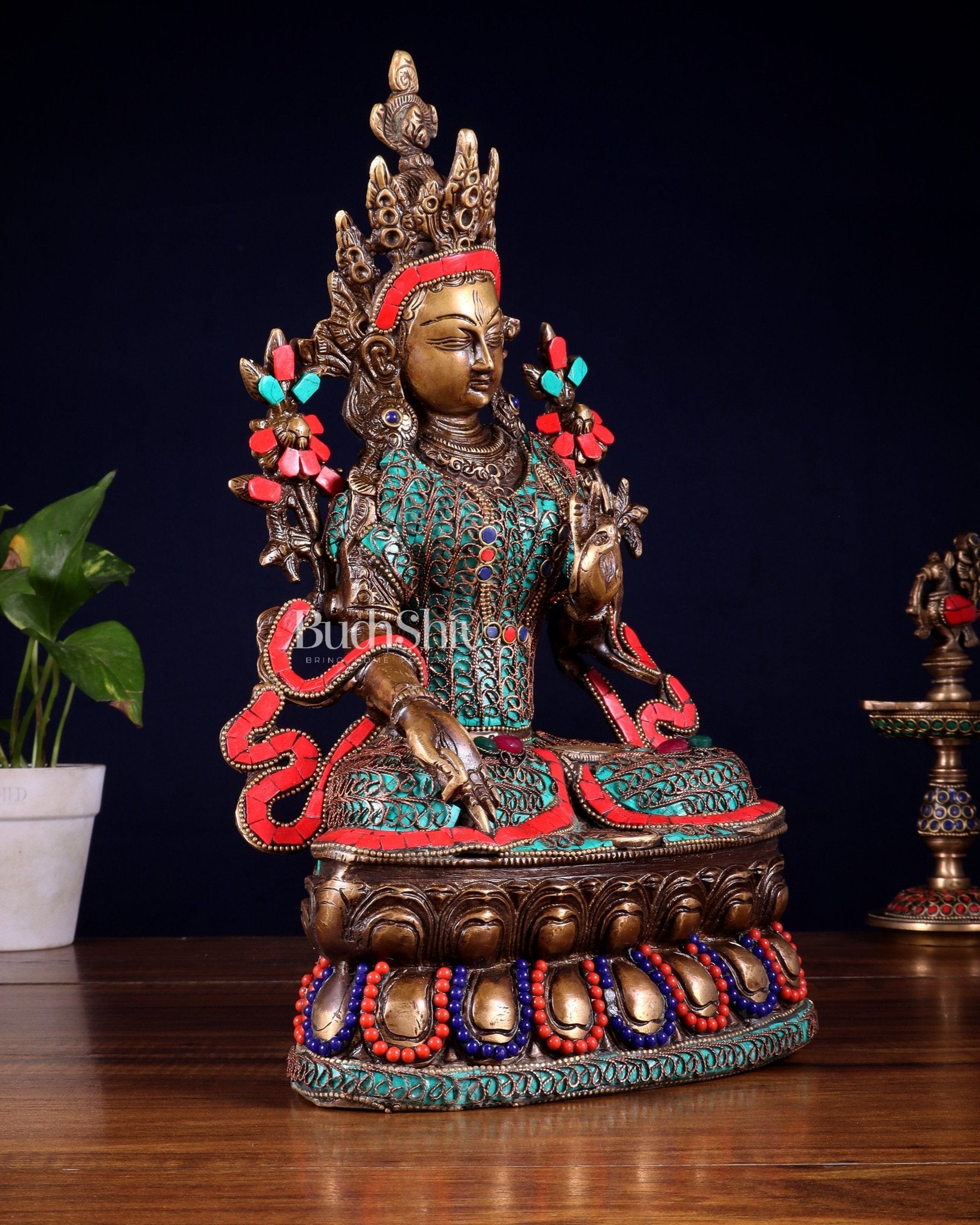 Vintage Brass white Tara Statue with copper wire work meenakari| 14 inches Height - Budhshiv.com