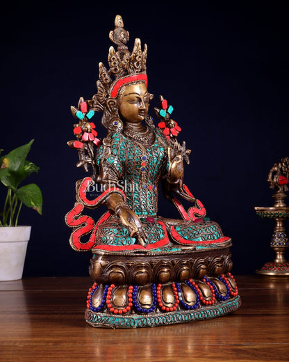 Vintage Brass white Tara Statue with copper wire work meenakari| 14 inches Height - Budhshiv.com