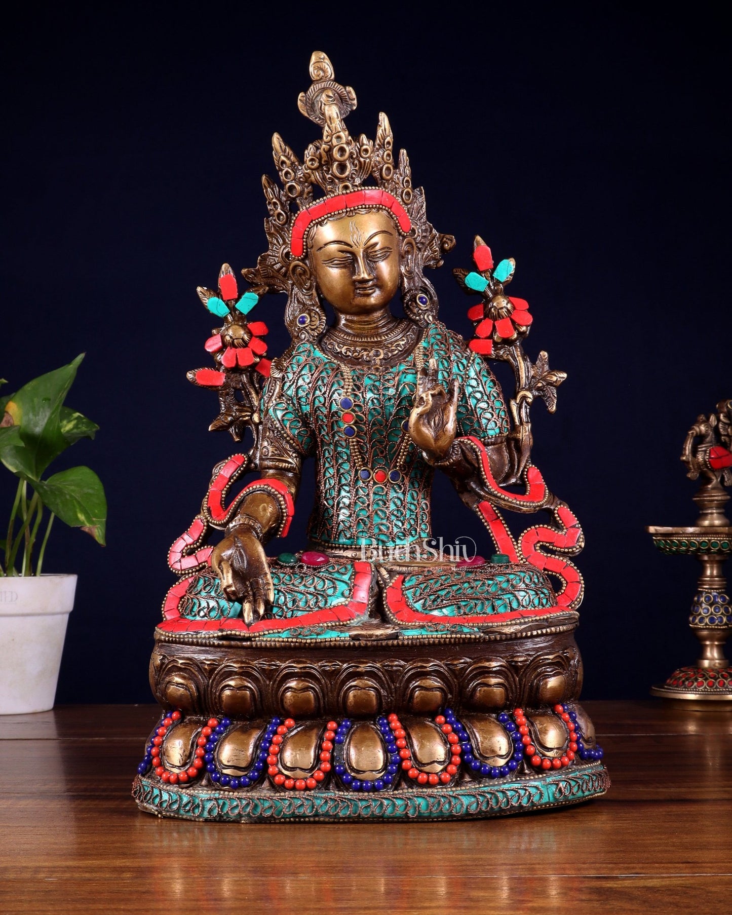 Vintage Brass white Tara Statue with copper wire work meenakari| 14 inches Height - Budhshiv.com