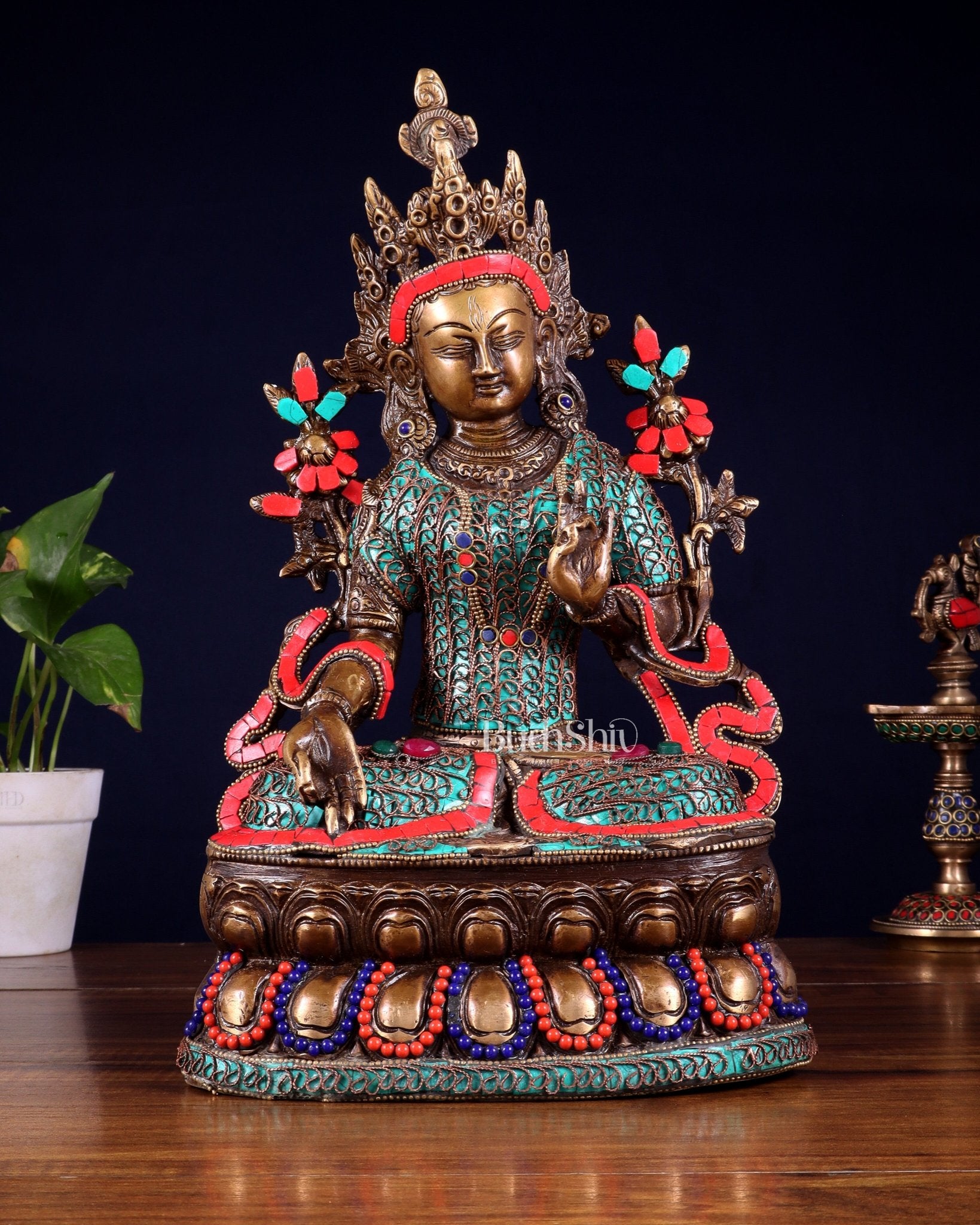 Vintage Brass white Tara Statue with copper wire work meenakari| 14 inches Height - Budhshiv.com
