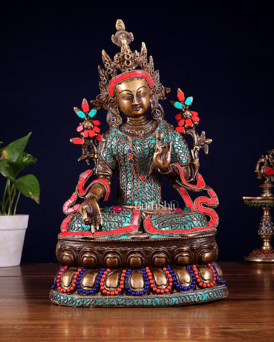 Vintage Brass white Tara Statue with copper wire work meenakari| 14 inches Height - Budhshiv.com