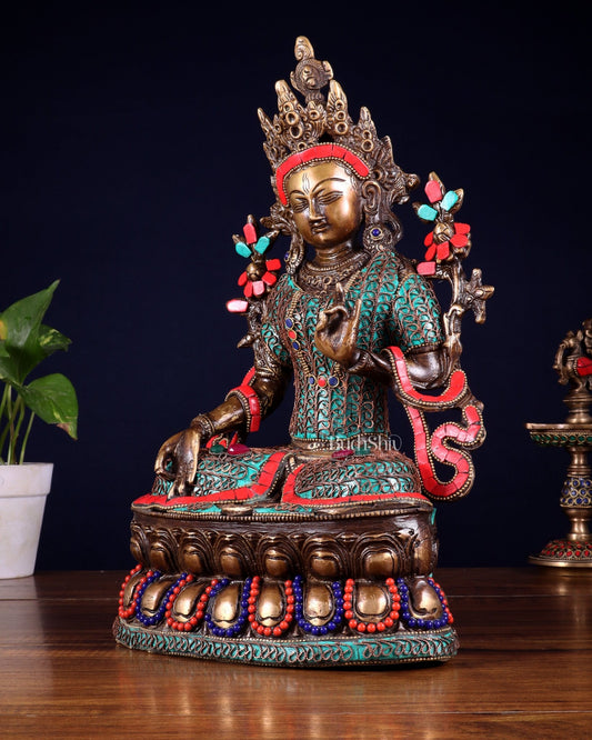 Vintage Brass white Tara Statue with copper wire work meenakari| 14 inches Height - Budhshiv.com