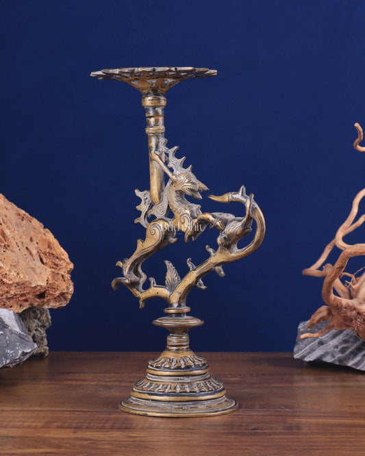 Vintage Brass Yali Candle Holder 9" - Budhshiv.com