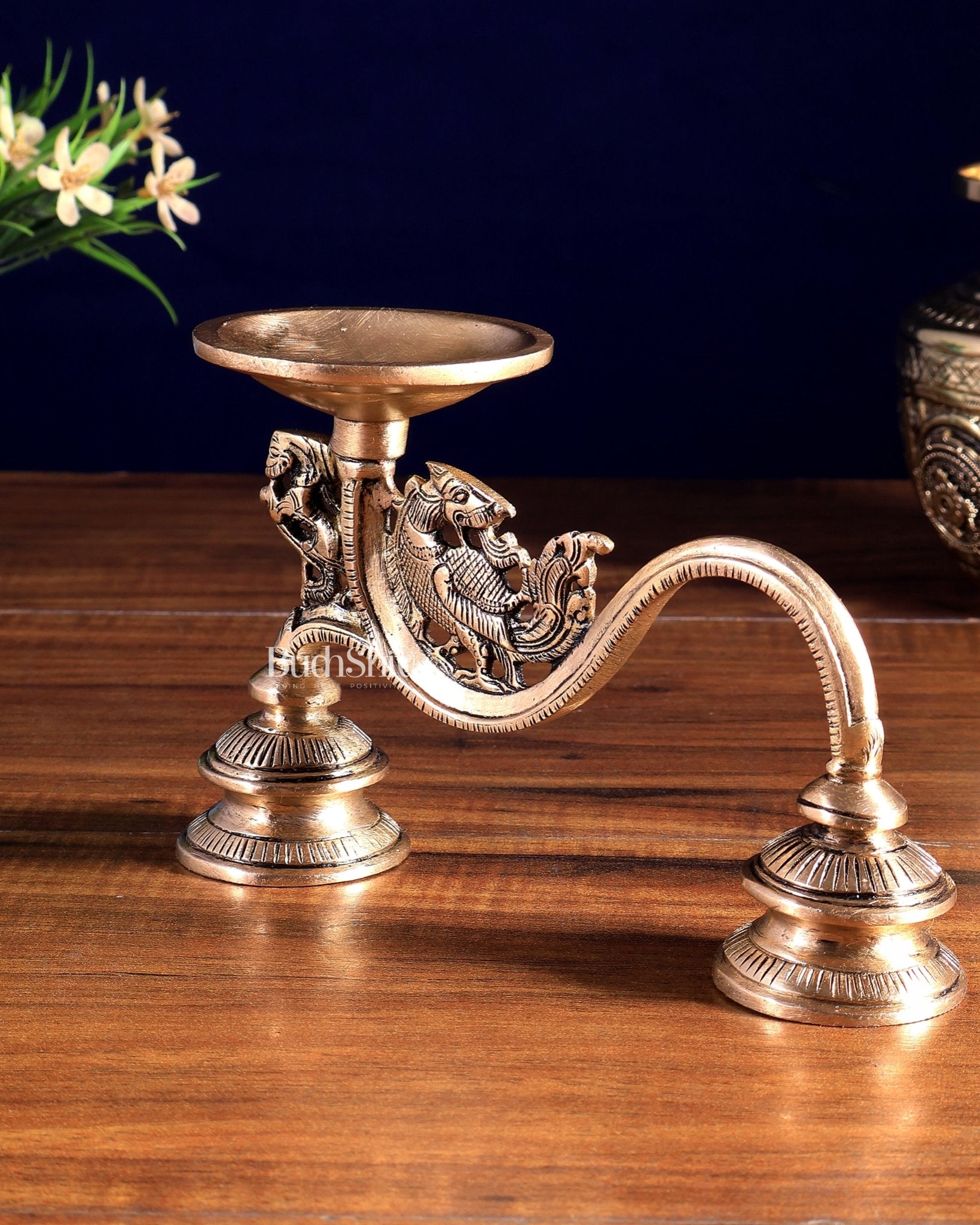 Vintage Brass Yali Design Aarti Diya with Handle - Budhshiv.com