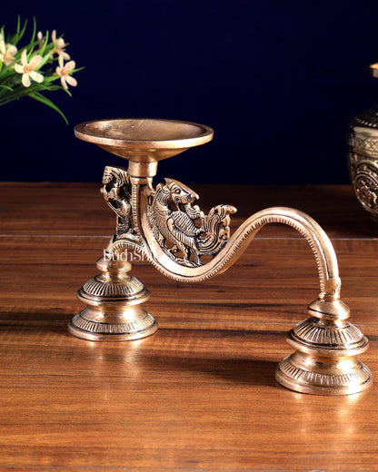 Vintage Brass Yali Design Aarti Diya with Handle - Budhshiv.com