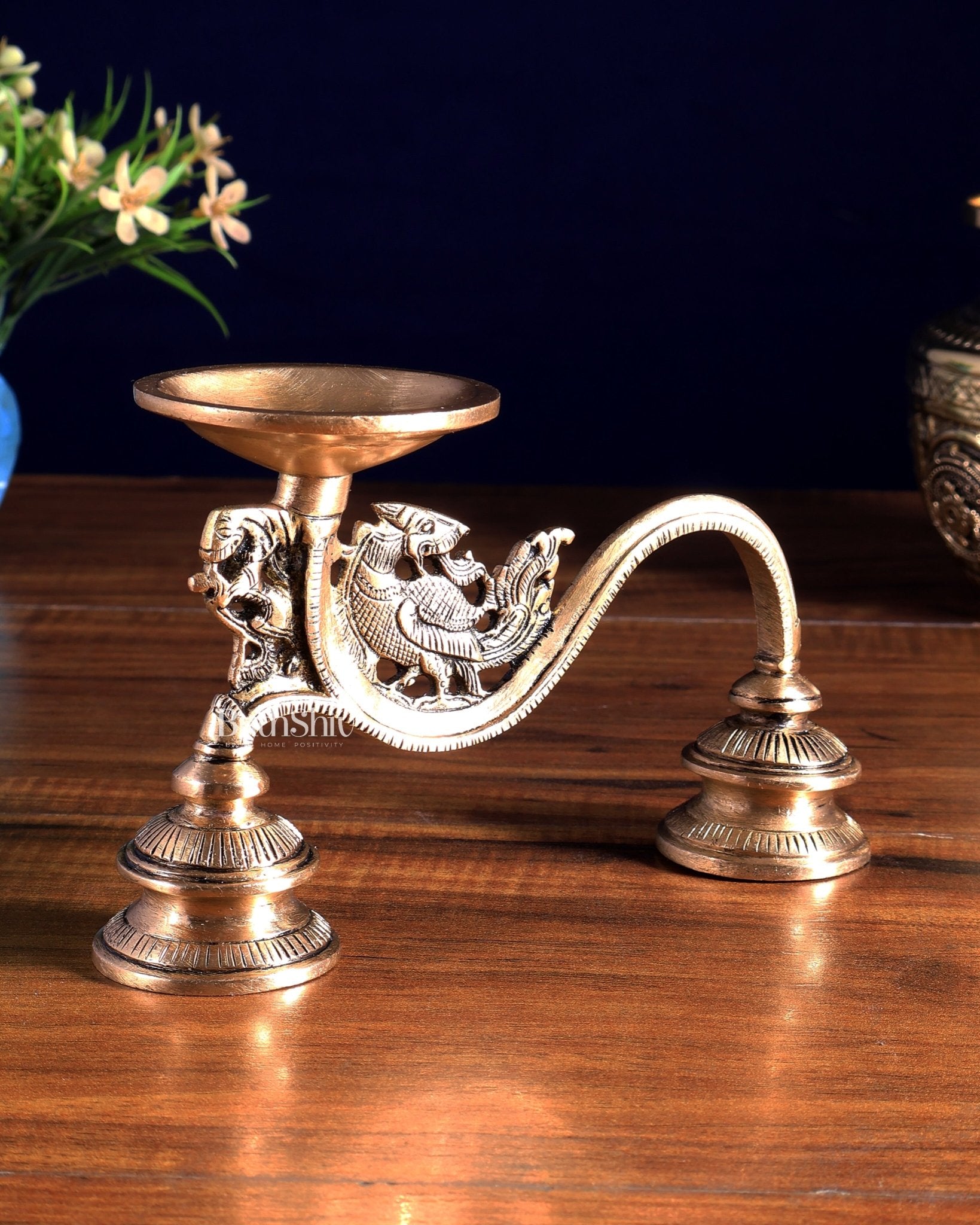 Vintage Brass Yali Design Aarti Diya with Handle - Budhshiv.com