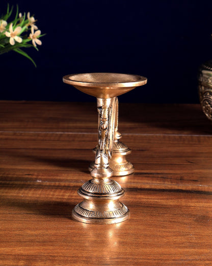 Vintage Brass Yali Design Aarti Diya with Handle - Budhshiv.com