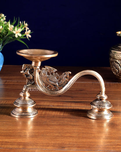 Vintage Brass Yali Design Aarti Diya with Handle - Budhshiv.com