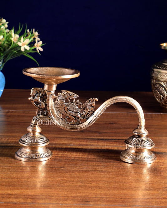 Vintage Brass Yali Design Aarti Diya with Handle - Budhshiv.com