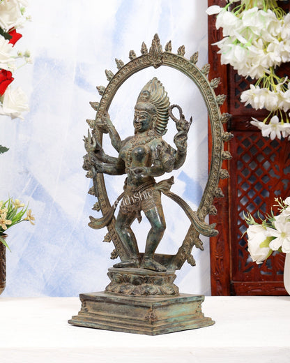 Vintage Bronze Bhairavi Bhadrakali sculpture | 6-Armed Lost Wax casted 14 inch celestial green patina - Budhshiv.com