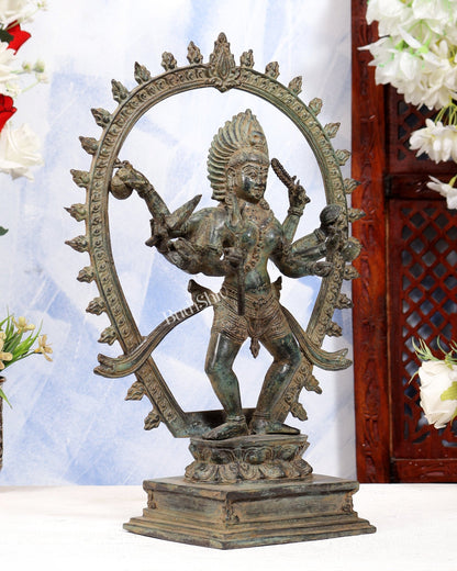 Vintage Bronze Bhairavi Bhadrakali sculpture | 6-Armed Lost Wax casted 14 inch celestial green patina - Budhshiv.com