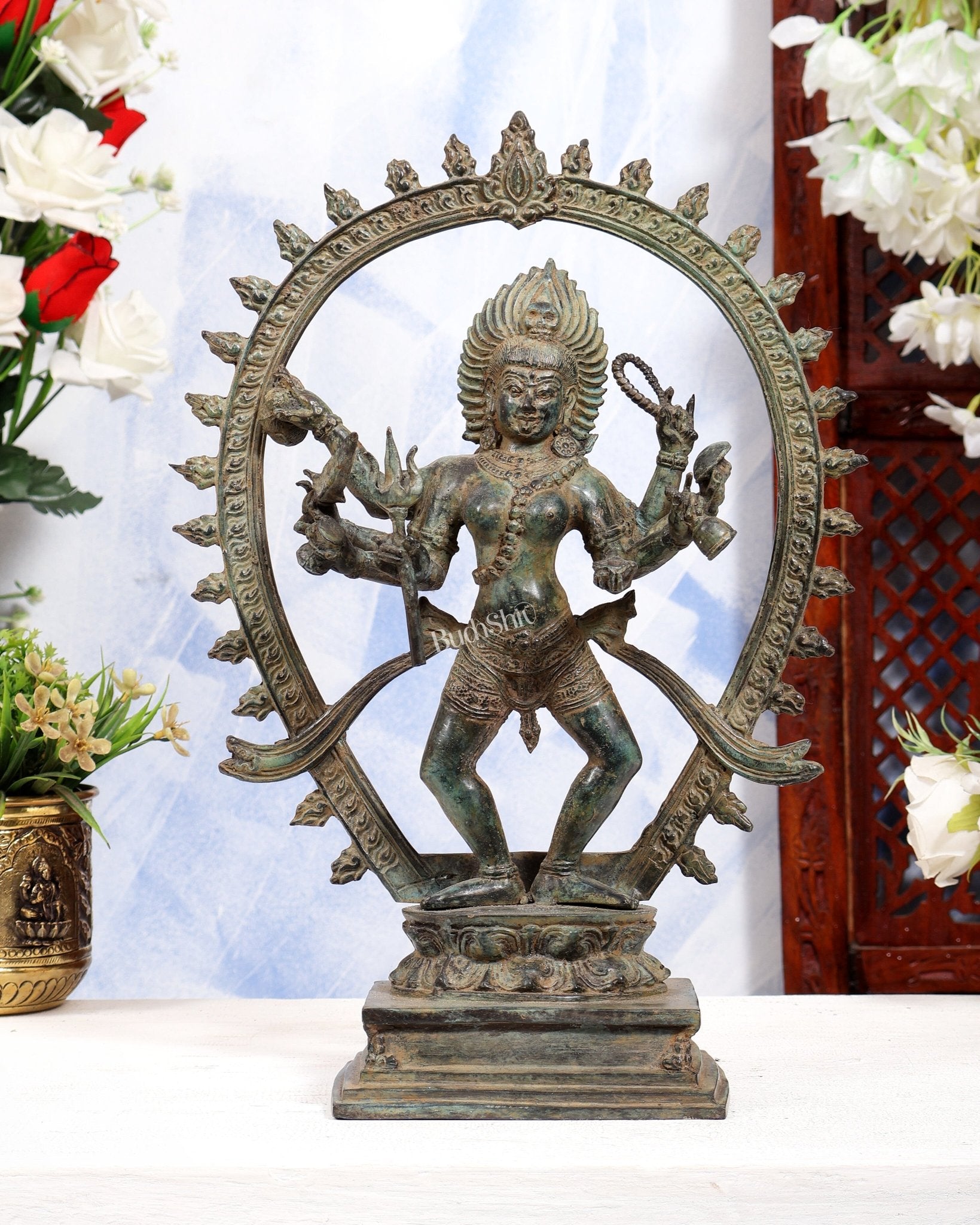 Vintage Bronze Bhairavi Bhadrakali sculpture | 6-Armed Lost Wax casted 14 inch celestial green patina - Budhshiv.com