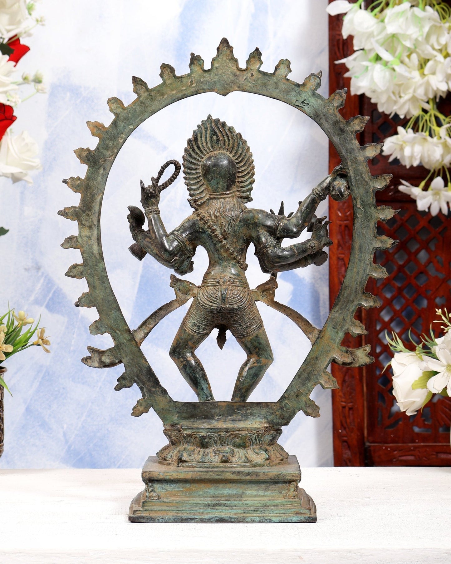 Vintage Bronze Bhairavi Bhadrakali sculpture | 6-Armed Lost Wax casted 14 inch celestial green patina - Budhshiv.com