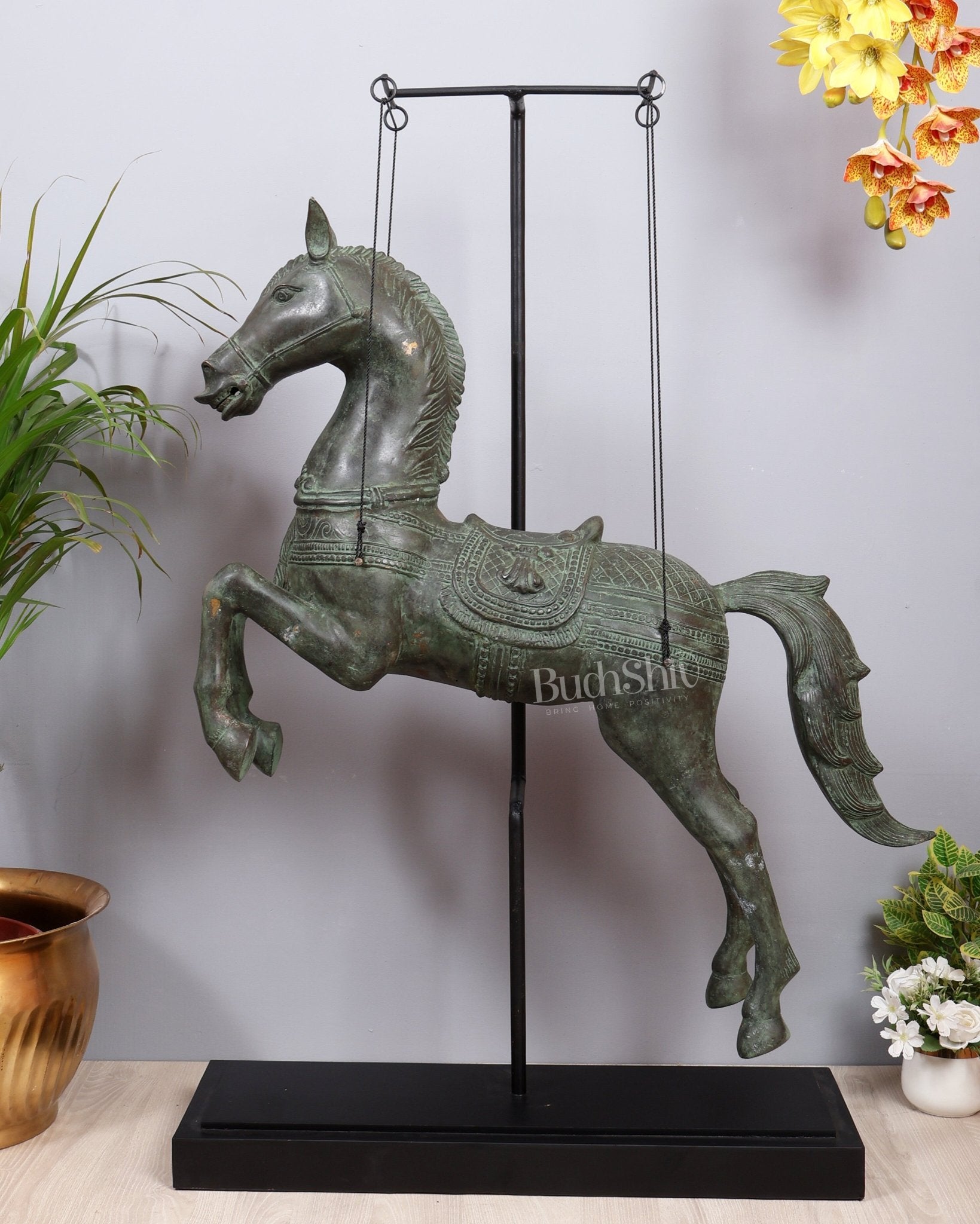 Vintage Bronze Hanging Horse Sculpture on Stand Luxury decor