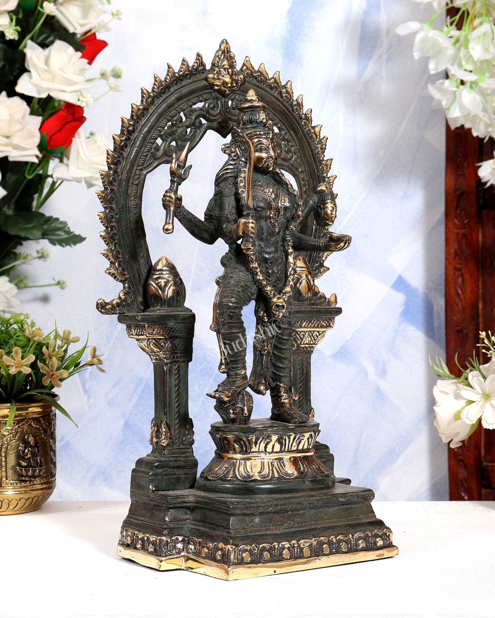 Vintage Bronze Kali Statue with 4 Arms & Temple Arch | Pure Bronze Goddess Kali Sculpture 14.5 inch - Budhshiv.com