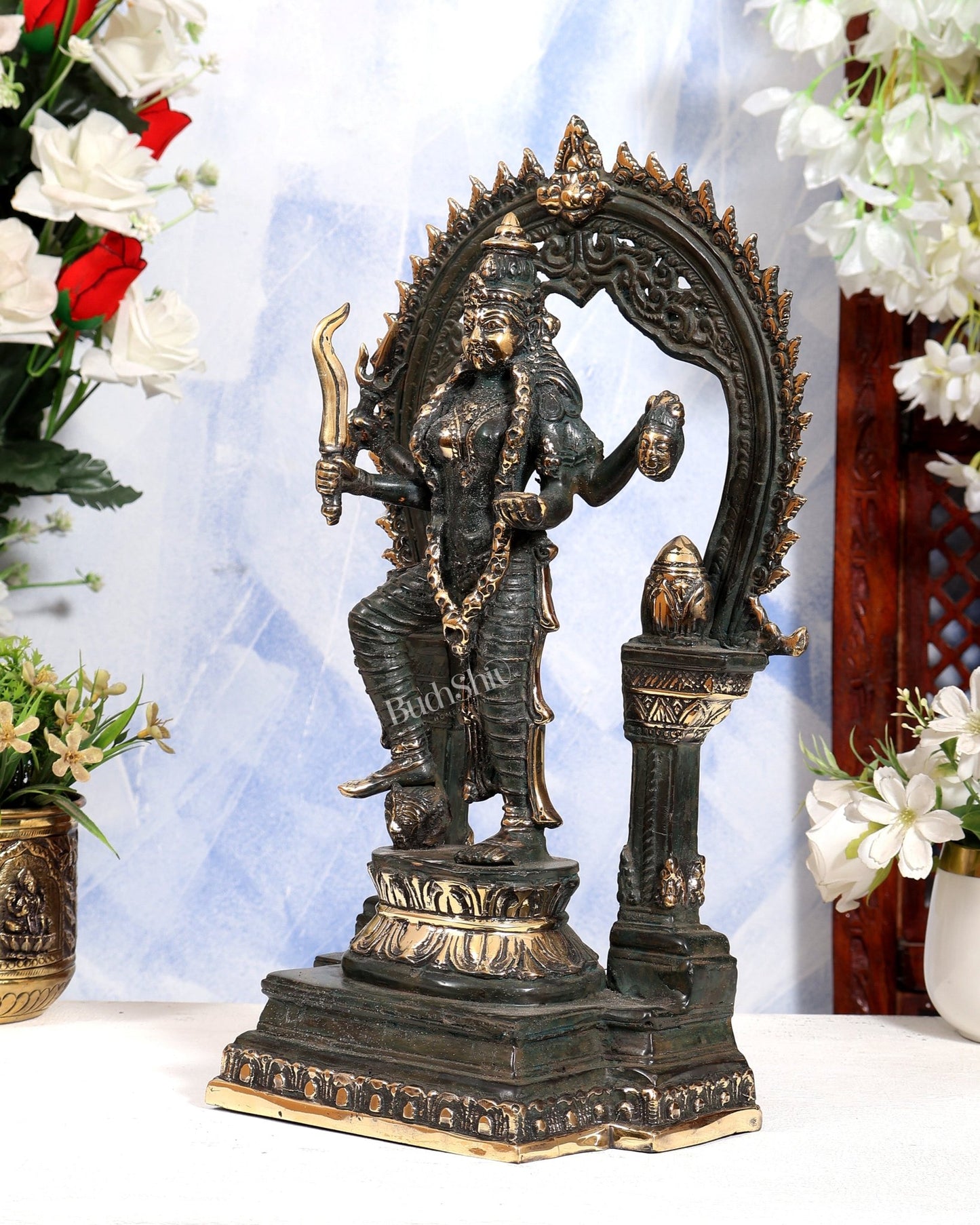 Vintage Bronze Kali Statue with 4 Arms & Temple Arch | Pure Bronze Goddess Kali Sculpture 14.5 inch - Budhshiv.com