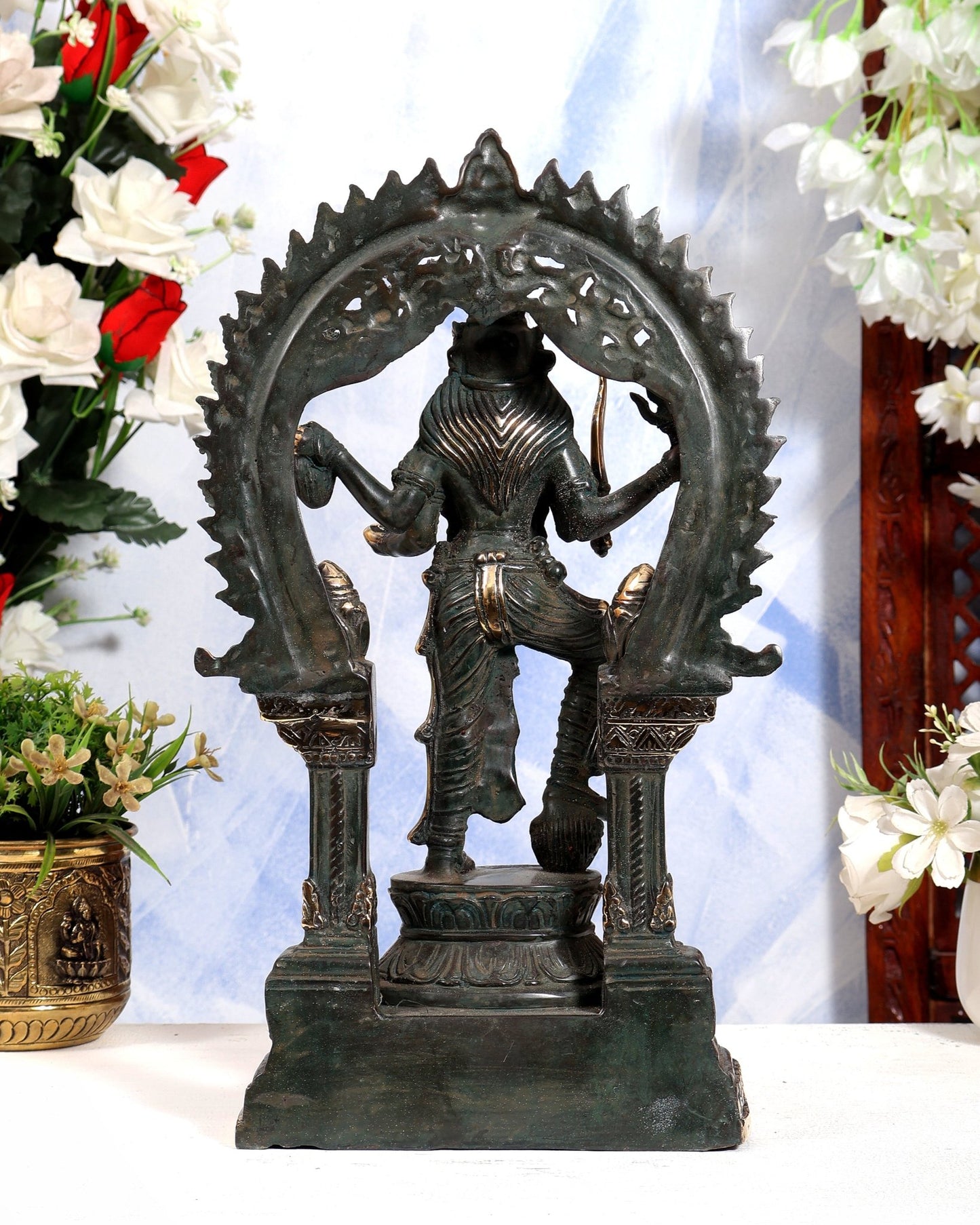 Vintage Bronze Kali Statue with 4 Arms & Temple Arch | Pure Bronze Goddess Kali Sculpture 14.5 inch - Budhshiv.com