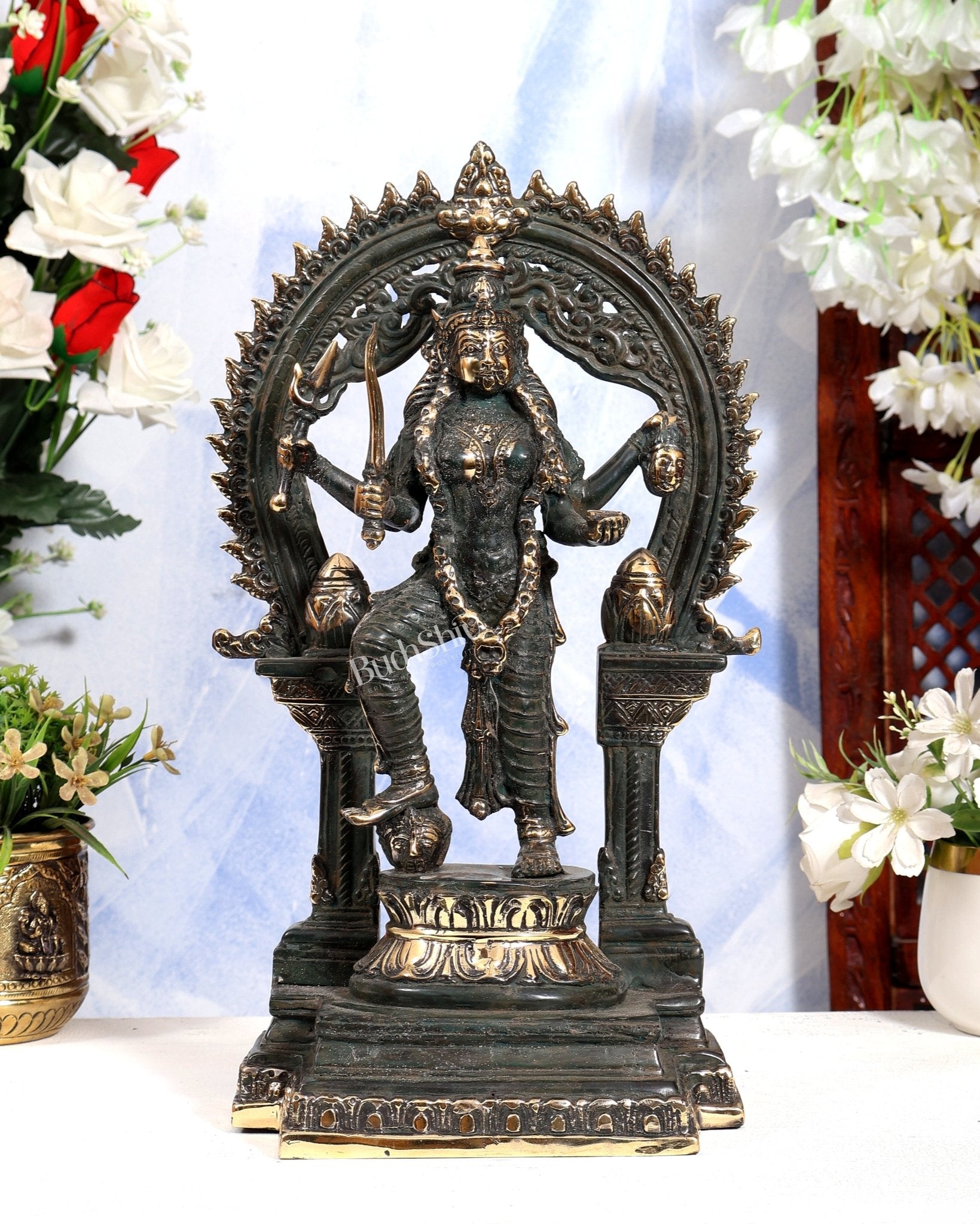 Vintage Bronze Kali Statue with 4 Arms & Temple Arch | Pure Bronze Goddess Kali Sculpture 14.5 inch - Budhshiv.com