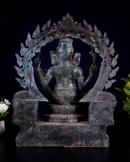 Vintage Bronze Lord Ganesha with Unique Mouse Prabhavali – Balinese Lost - Wax Casting (21 Inches) - Budhshiv.com