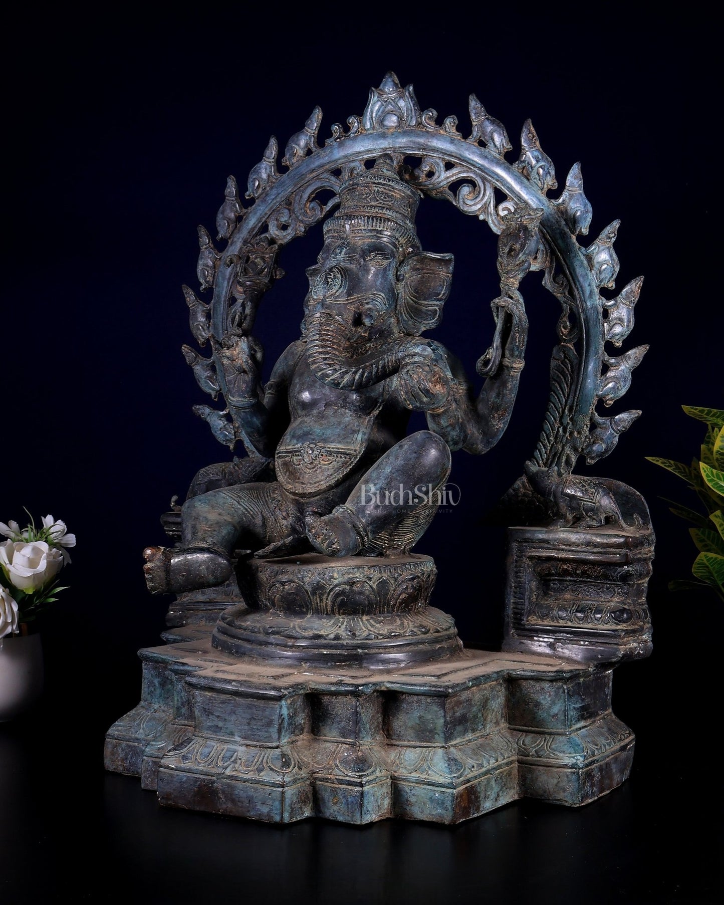 Vintage Bronze Lord Ganesha with Unique Mouse Prabhavali – Balinese Lost - Wax Casting (21 Inches) - Budhshiv.com