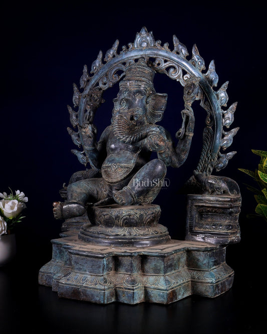 Vintage Bronze Lord Ganesha with Unique Mouse Prabhavali – Balinese Lost - Wax Casting (21 Inches) - Budhshiv.com