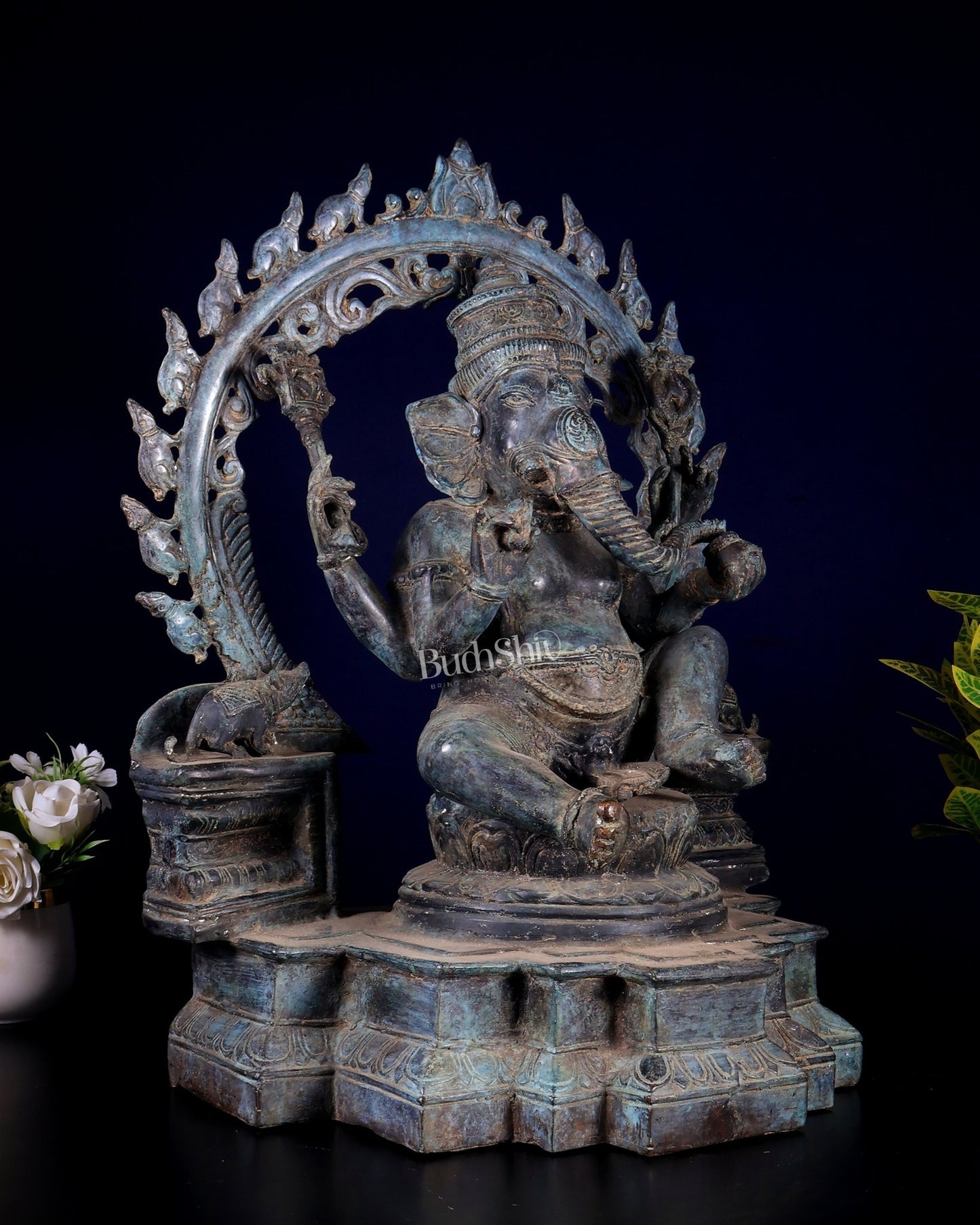 Vintage Bronze Lord Ganesha with Unique Mouse Prabhavali – Balinese Lost - Wax Casting (21 Inches) - Budhshiv.com