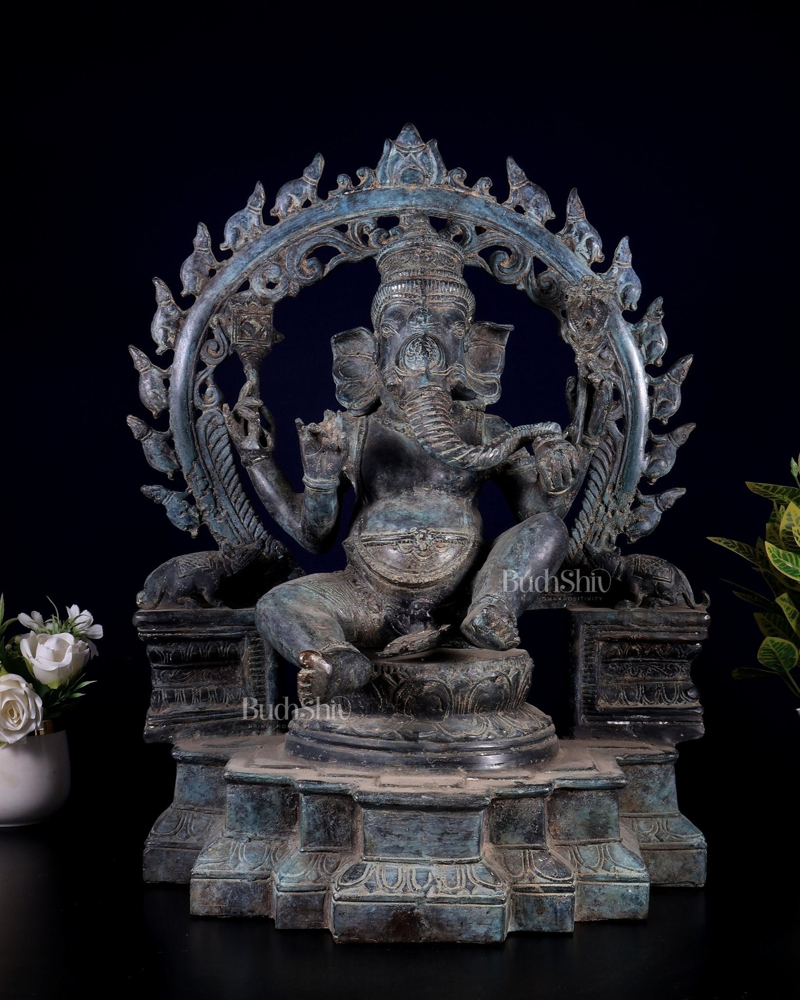 Vintage Bronze Lord Ganesha with Unique Mouse Prabhavali – Balinese Lost - Wax Casting (21 Inches) - Budhshiv.com