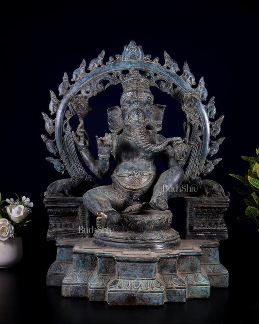 Vintage Bronze Lord Ganesha with Unique Mouse Prabhavali – Balinese Lost - Wax Casting (21 Inches) - Budhshiv.com