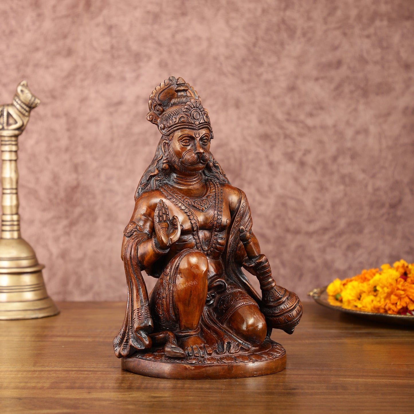 Vintage Brown Brass Hanuman Idol | 9 Inch - Budhshiv.com
