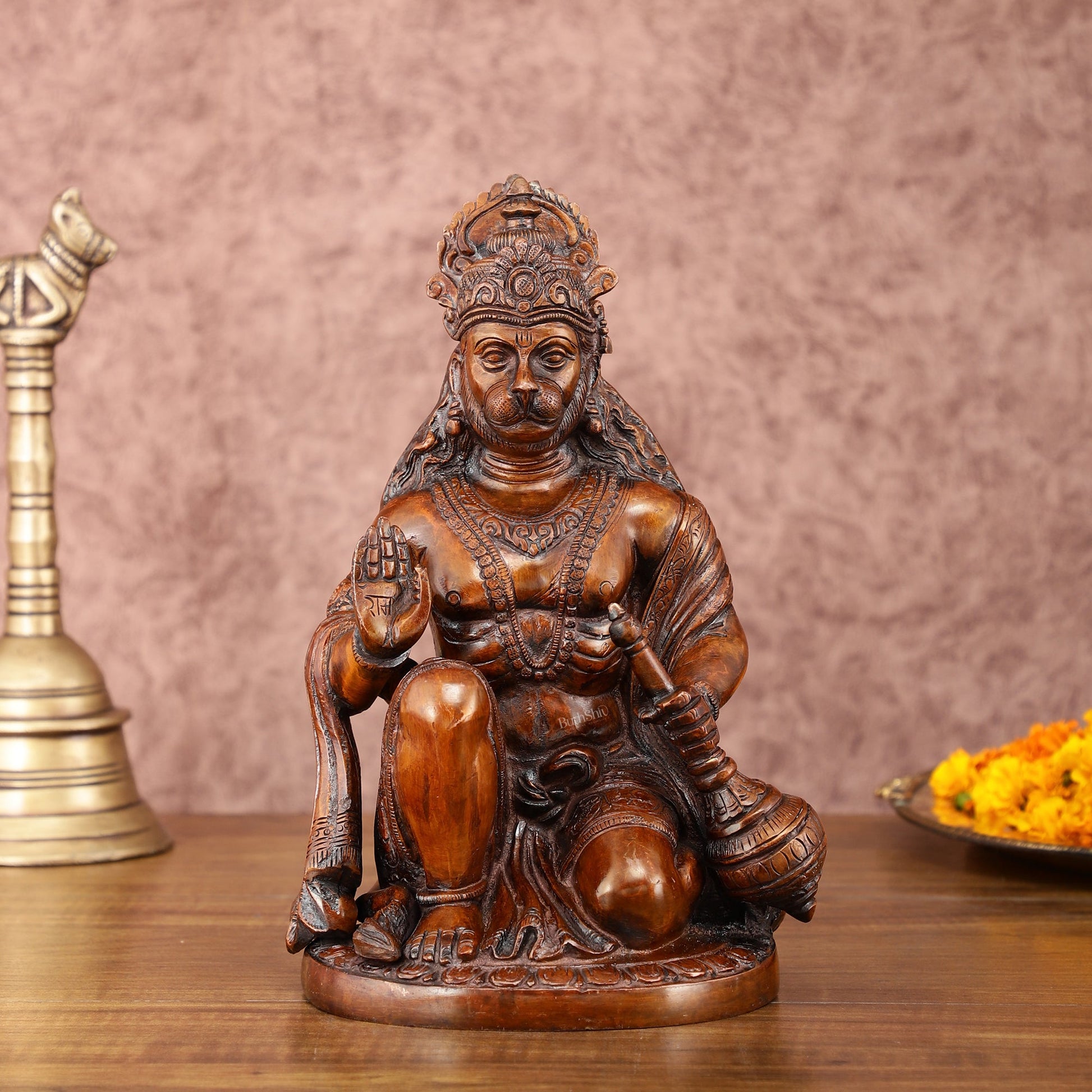 Vintage Brown Brass Hanuman Idol | 9 Inch - Budhshiv.com