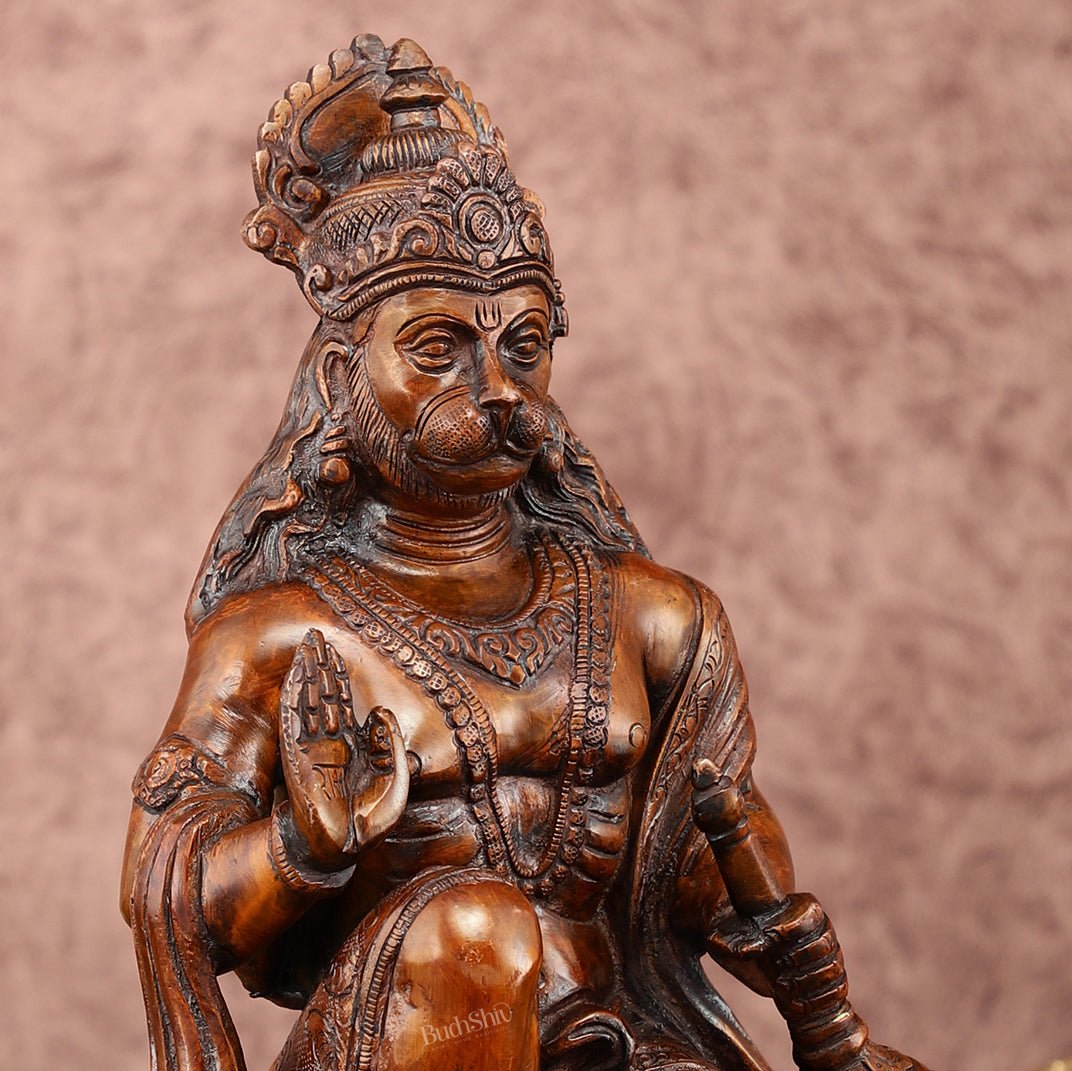 Vintage Brown Brass Hanuman Idol | 9 Inch - Budhshiv.com