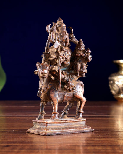 Vintage Copper Shiva Parvati on Nandi Pradosh Idol Natural antique patina - Budhshiv.com