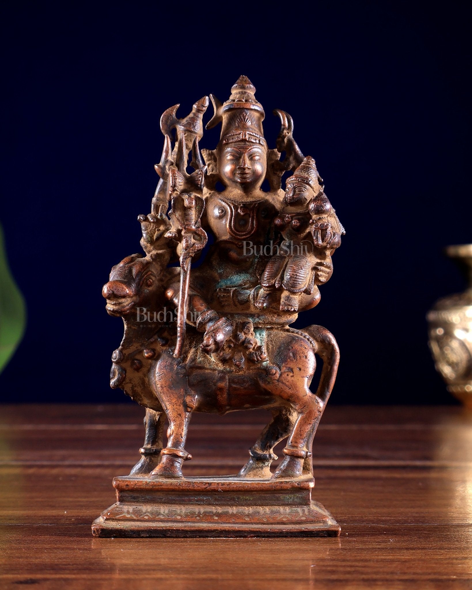 Vintage Copper Shiva Parvati on Nandi Pradosh Idol Natural antique patina - Budhshiv.com