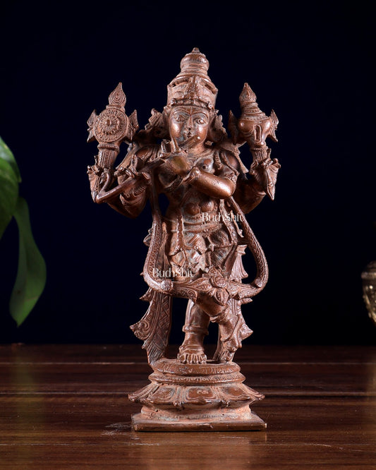 Vintage Copper Vishnu roopam Charbhuja Krishna Idol | 6" Natural Antique patina - Budhshiv.com