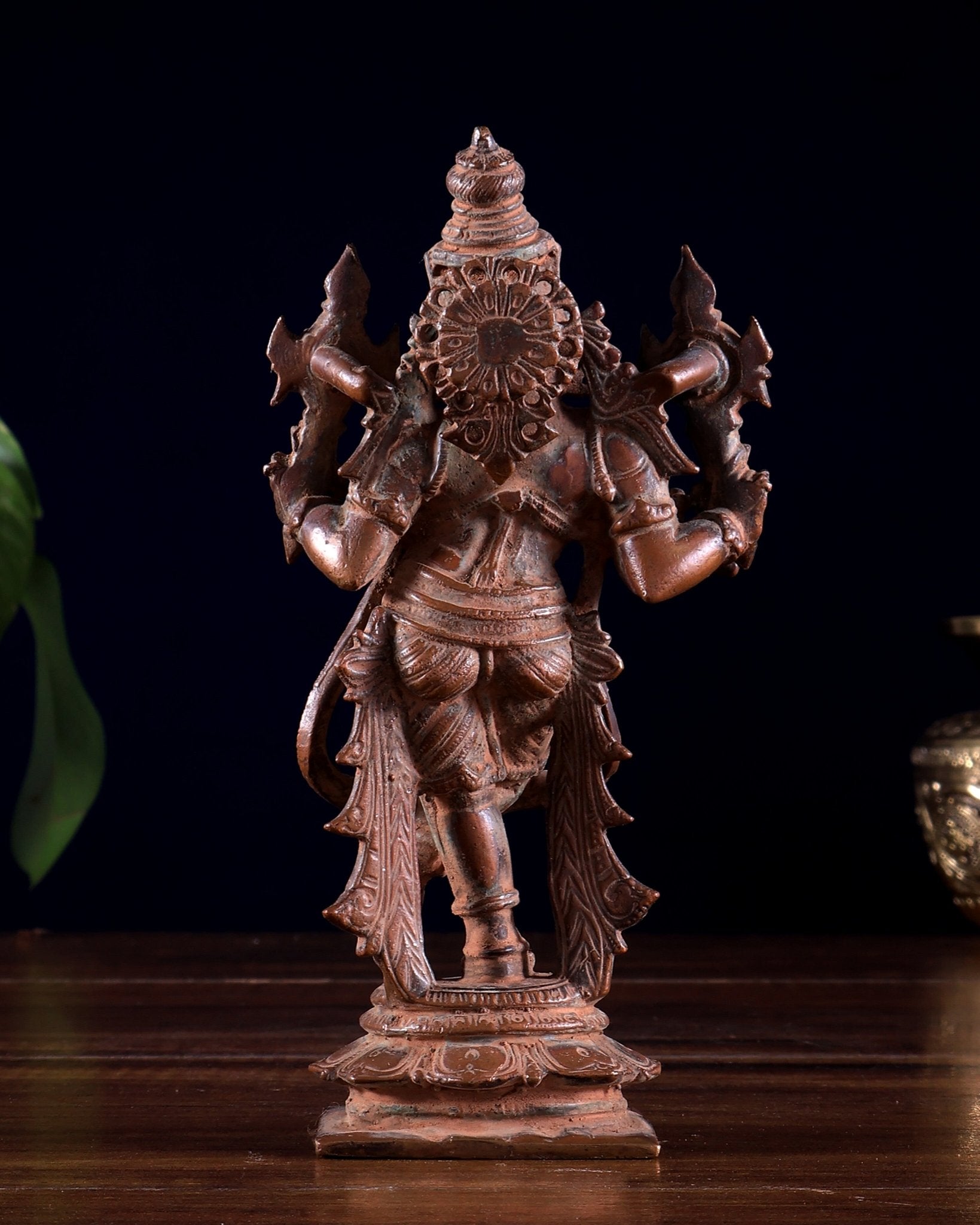 Vintage Copper Vishnu roopam Charbhuja Krishna Idol | 6" Natural Antique patina - Budhshiv.com